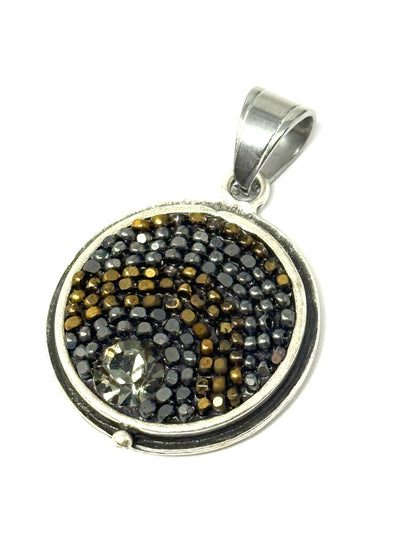 Handmade Glass Seed Bead Mosaic Pendant #8272D featuring a round design with metallic colors and a sparkling centerpiece.
