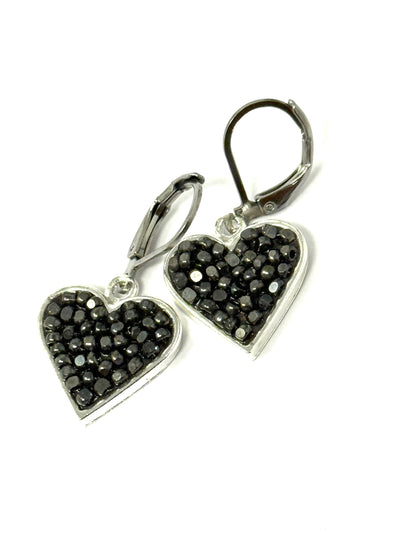 Hand-Beaded Charcoal Gray Mosaic Leverback Earrings feature heart-shaped design with beaded details.