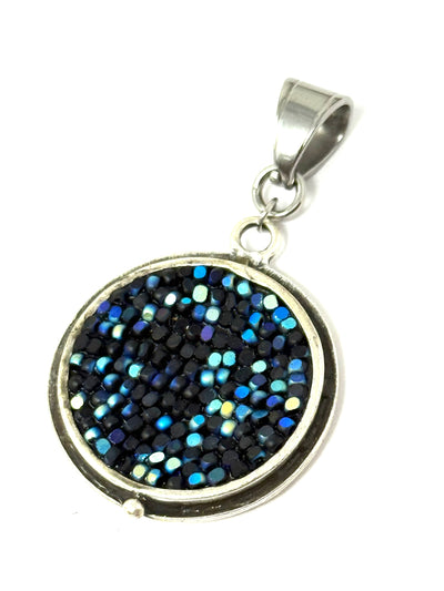 Handmade Glass Seed Bead Mosaic Pendant featuring a colorful design in black and blue hues.