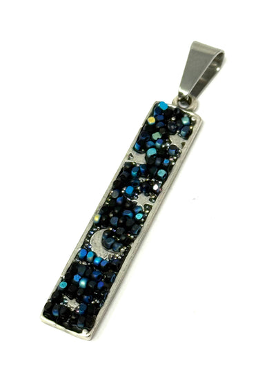 Handmade Blue Glass Seed Bead Mosaic Star and Moon Pendant showcasing intricate designs in blue and black beads.