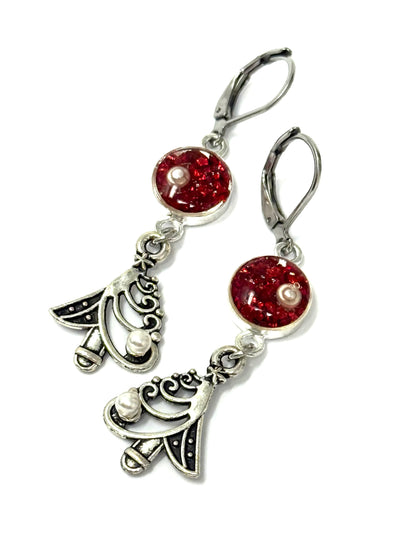 Christmas tree earrings with green, red and gold beads in antique pewter tree settings - front view