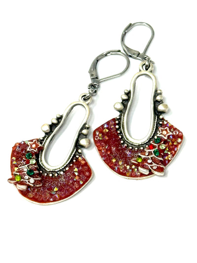 Christmas tree earrings with red, gold, green and silver beads in pewter settings - front view
