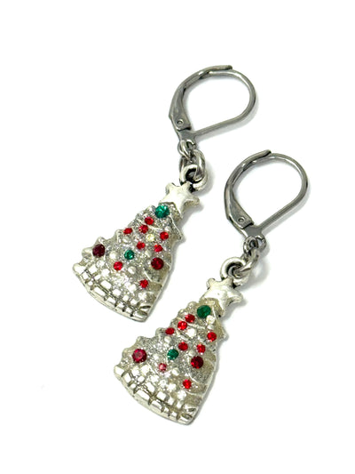 Pewter Christmas tree earrings with red and green Swarovski crystals - front view