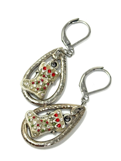 Santa Boot earrings with Swarovski crystals in hammered rhodium teardrop frames - front view