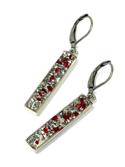 Red and silver holiday beaded earrings with shimmer flakes - front view