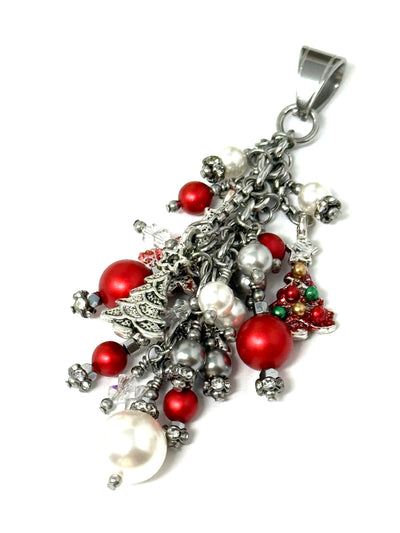 Handmade Swarovski pearl and crystal beaded cluster pendant #8312D in red, white, and silver - front view showing dimensional beadwork