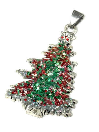 Christmas tree pendant with shimmering red and green glass flakes and Swarovski crystals - front view showing handmade holiday design
