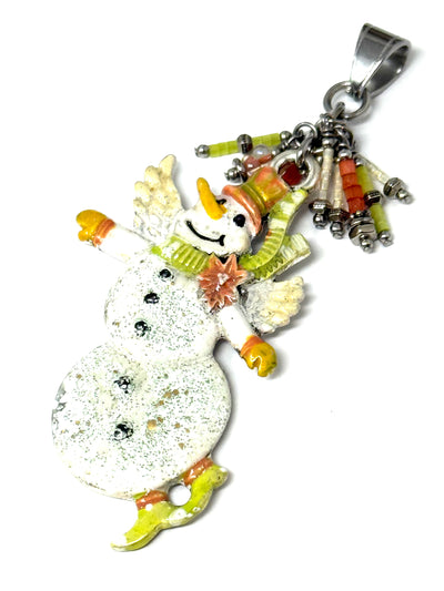 Dancing Snow Angel copper enamel pendant in pale green, orange and white with glass shimmer seed beads - front view showing handmade beaded design
