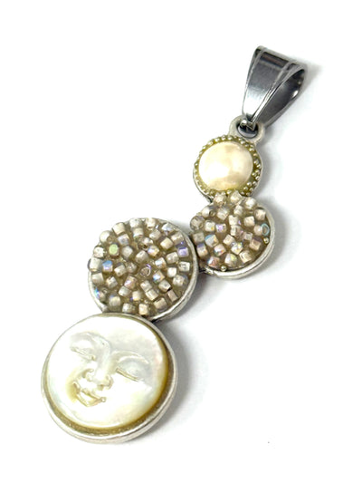 Hand-carved Mother of Pearl moon focal bead pendant with glass shimmer seed beads and Swarovski pearl in 4-tier circular bezel setting, front view
