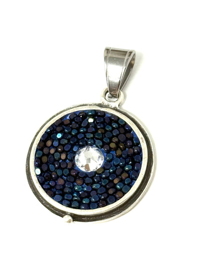 Deep blue and purple seed bead pendant with Swarovski crystal center in antique oxidized pewter bezel - front view
