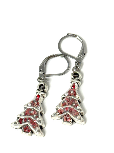 Red sparkle Christmas tree earrings with festive design - front view showing holiday charm details