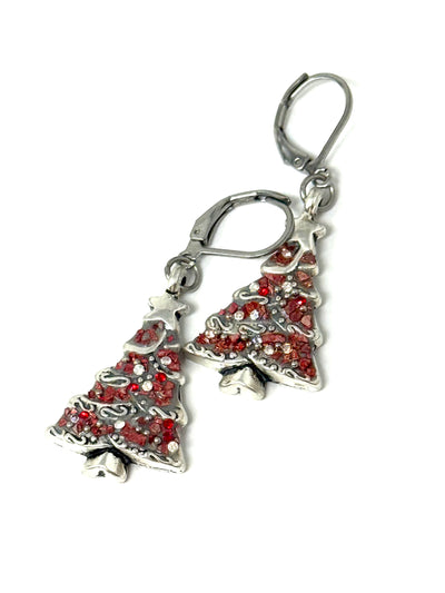 Antique oxidized Christmas tree earrings with red silver chips and Swarovski crystals - front view showing festive holiday design