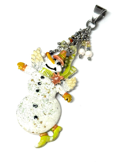 Handmade Holiday Angel Wing Snowman beaded pendant with white pearls and glass seed beads - front view