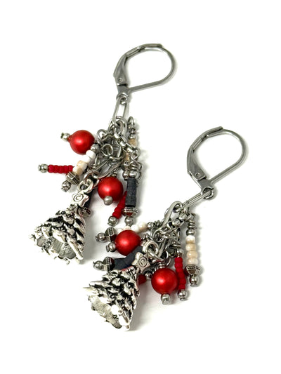 Handmade Christmas tree earrings featuring white pearl beads and green seed beads on hypoallergenic stainless steel leverback ear wires - front view showing festive holiday design
