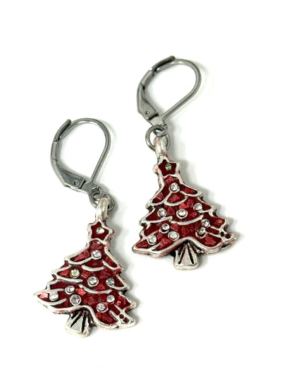 Red Christmas tree earrings with oxidized pewter tree beads, handcrafted red Apoxie setting, tiny Swarovski crystal accents, stainless steel leverback ear wires, front view showing festive holiday design
