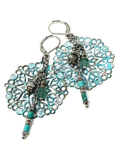 Handmade Copper Patina Filigree Dangle Earrings