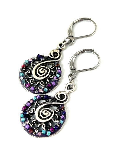 Handmade Oxidized Pewter Crystal Seed Bead Earrings