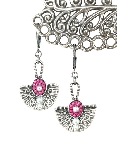 Handmade Antique Pewter Pink Pearl Earrings #2117E