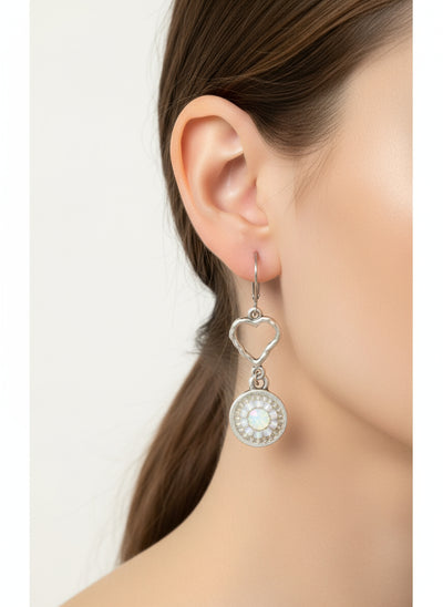 White glass seed bead mosaic heart dangle earrings.