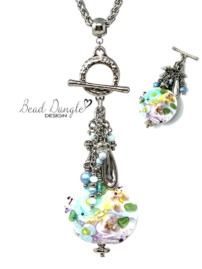 Pastel Floral Textured Lampwork Glass Beaded Dangle Pendant Necklace #5199D