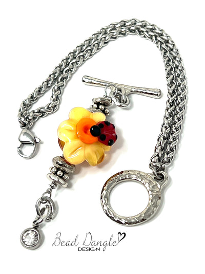 Floral Ladybug Lampwork Glass Beaded Dangle Bracelet Pendant #3379BC