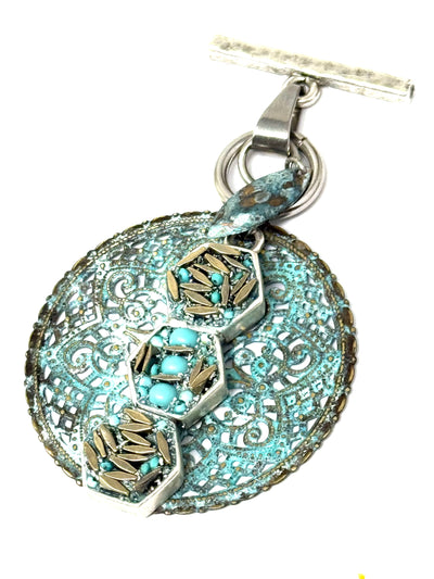 Handmade Patina Floral Filigree Interchangeable Pendant Necklace featuring intricate design and vibrant colors.