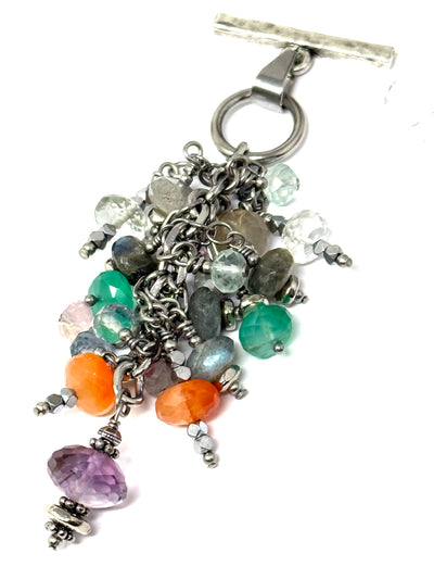 Handmade multi-color gemstone dangle pendant necklace showcasing vibrant beads and stainless steel components.