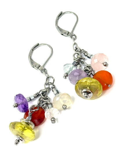 Handmade multicolor gemstone cluster dangle earrings with stainless steel lever backs, showcasing vibrant hues.