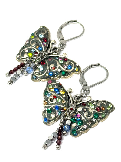 Handmade multi-color butterfly dangle earrings with Swarovski crystals, featuring stainless steel lever backs.