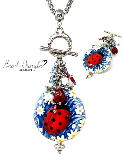Handmade Porcelain Ladybug Floral Beaded Dangle Necklace Pendant #5259D