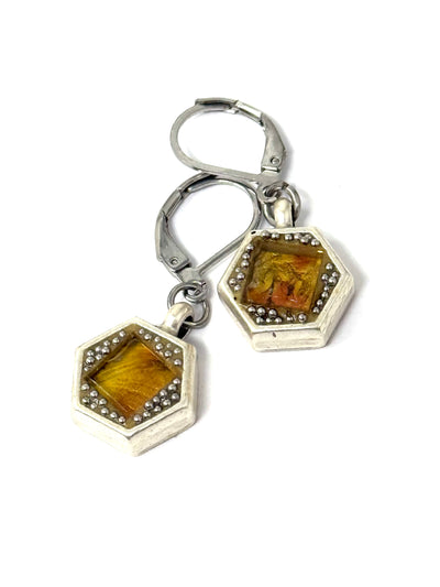 Handmade golden brown swirl bohemian glass earrings, lightweight beaded jewelry, hypoallergenic stainless steel backs.