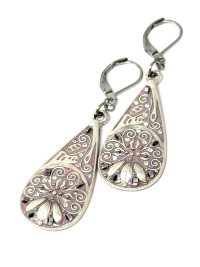 Pink filigree floral handmade dangle earrings, lightweight and stylish, measuring 1-1/2" in length.