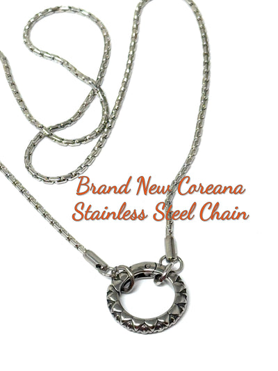 Pretty Coreana stainless steel chain featuring an elegant O ring design, ideal for showcasing pendants stylishly.