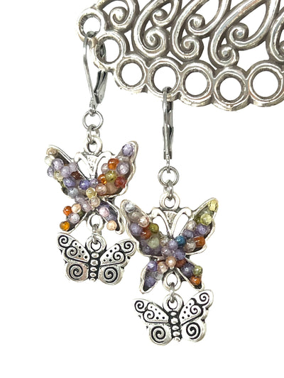 Colorful Cubic Zirconia Butterfly Beaded Dangle Earrings #2195E