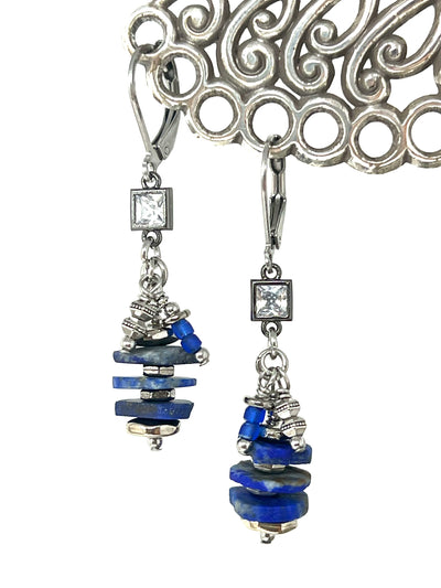 Afghan Lapis Lazuli Gemstone Beaded Dangle Earrings #2200E