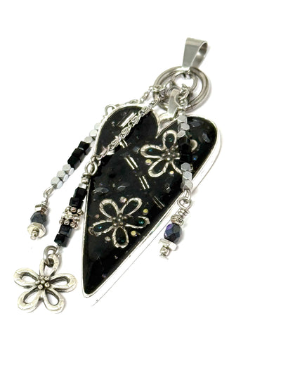 Hand Beaded Black Floral Heart Pendant with intricate beadwork and charming design, perfect for stylish accessorizing.