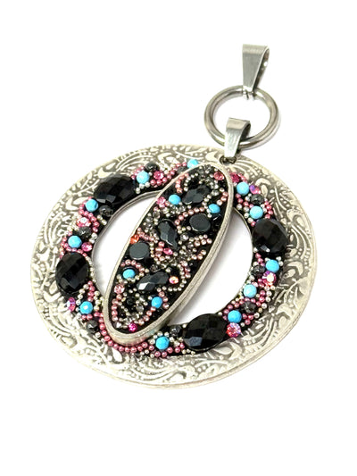 Handmade interchangeable pendant necklace featuring intricate beadwork with black, pink, and turquoise accents.
