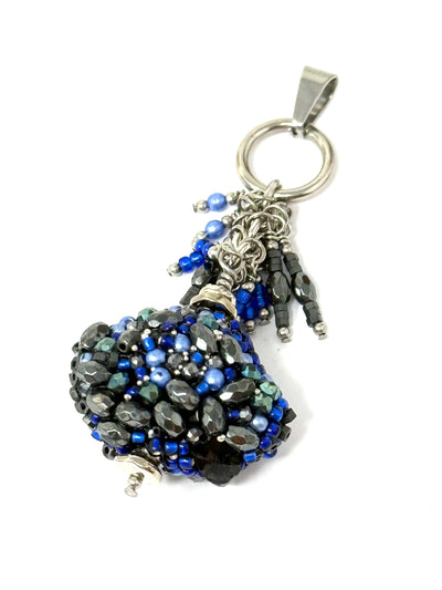 Handmade blue hand-beaded interchangeable pendant featuring intricate beadwork and a unique design, perfect for any outfit.