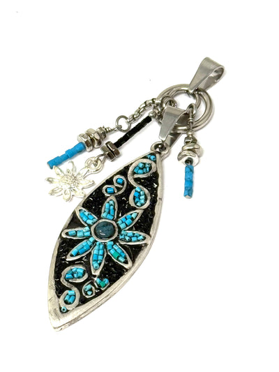 Beautiful turquoise and black hand-beaded flower pendant. Black sparkles make it shine. The unique interchangeable design.