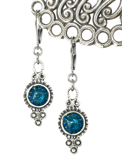 Aqua Blue Crystal Seed Bead Earrings Antique Pewter Beaded Dangle #2221E