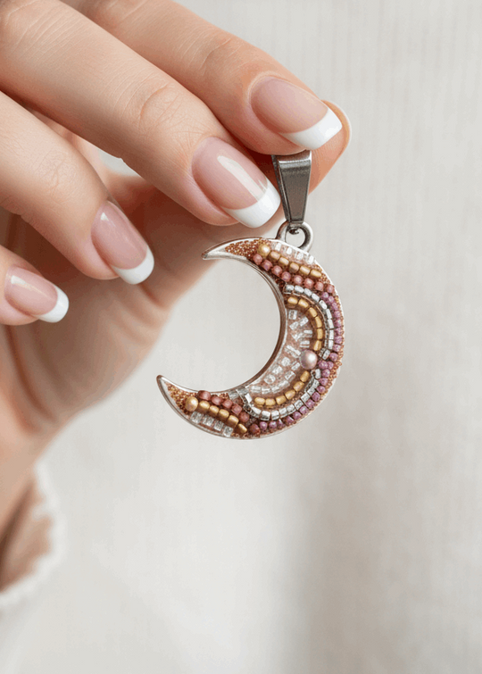 Elegant Earth-Tone Crescent Moon Seed Bead Mosaic Pendant | USA