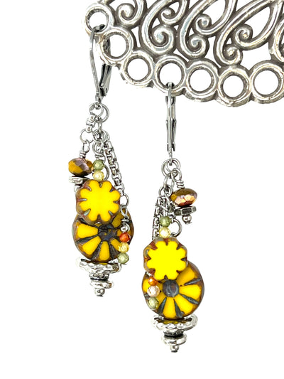 Yellow Daisy Flower Czech Glass Beaded Dangle Earrings #2077E